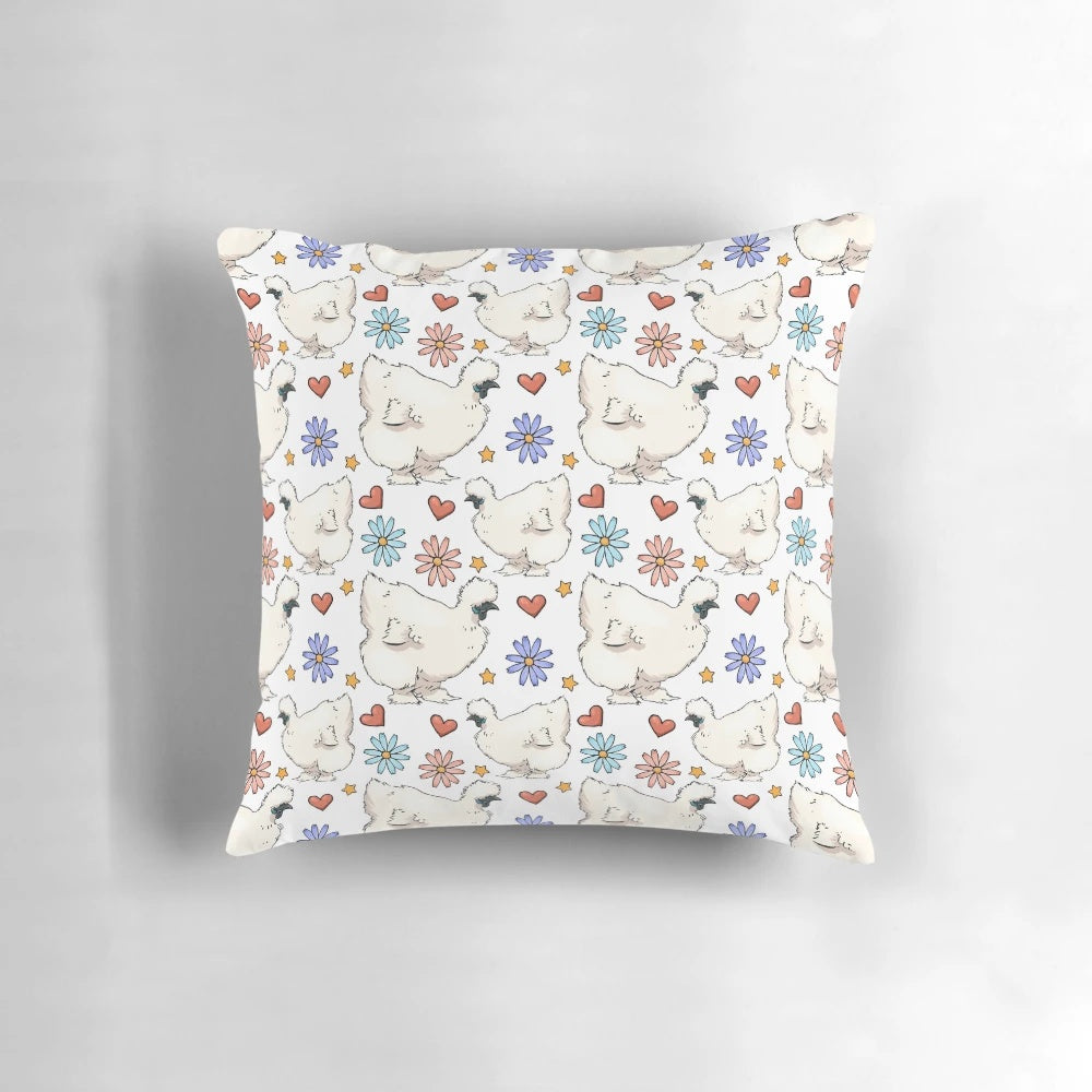 Soft, plush pillow featuring a charming silkie chicken pattern, perfect for chicken lovers.