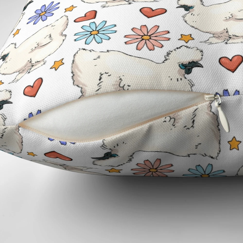 Soft, plush pillow featuring a charming silkie chicken pattern, perfect for chicken lovers.
