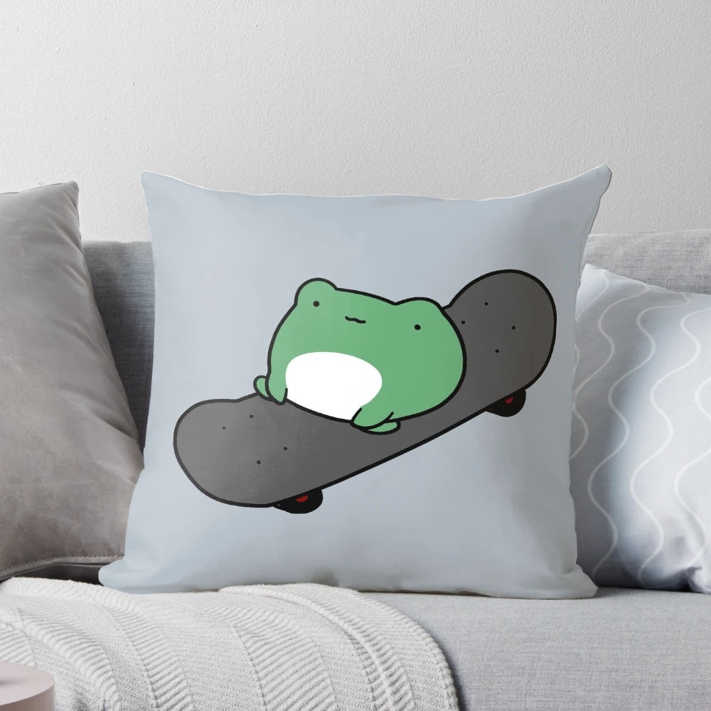 Whimsical throw pillow featuring a frog riding a skateboard