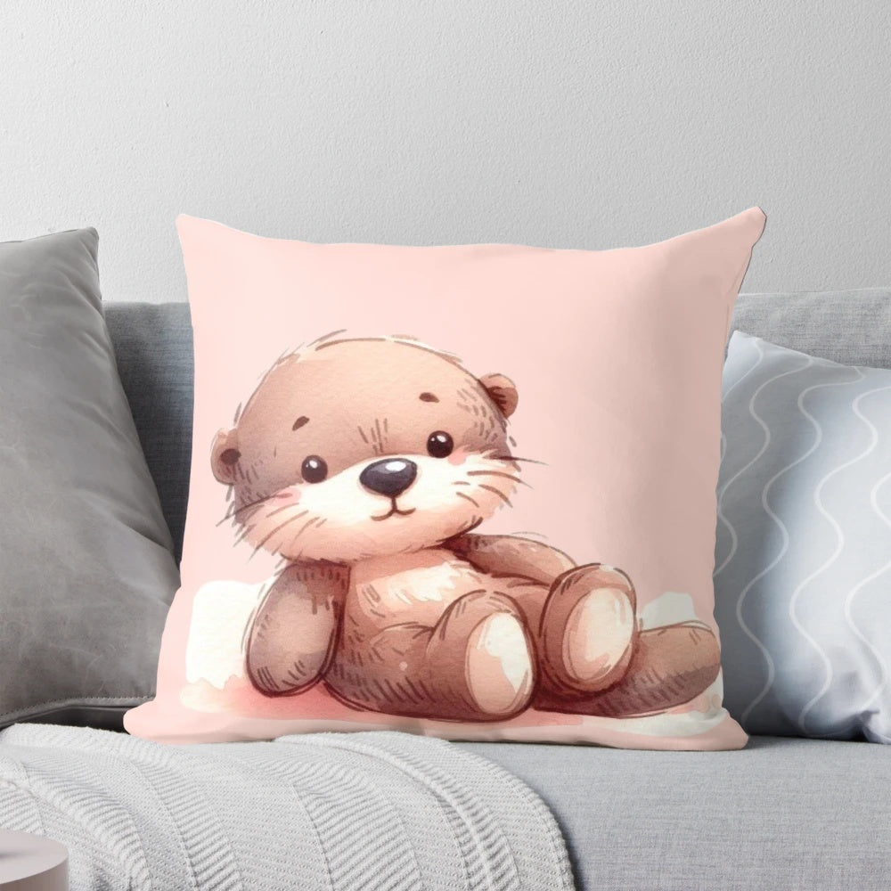 Soft, cuddly sleepy otter plush pillow in a neutral color palette, perfect for a child's bedroom or nursery.