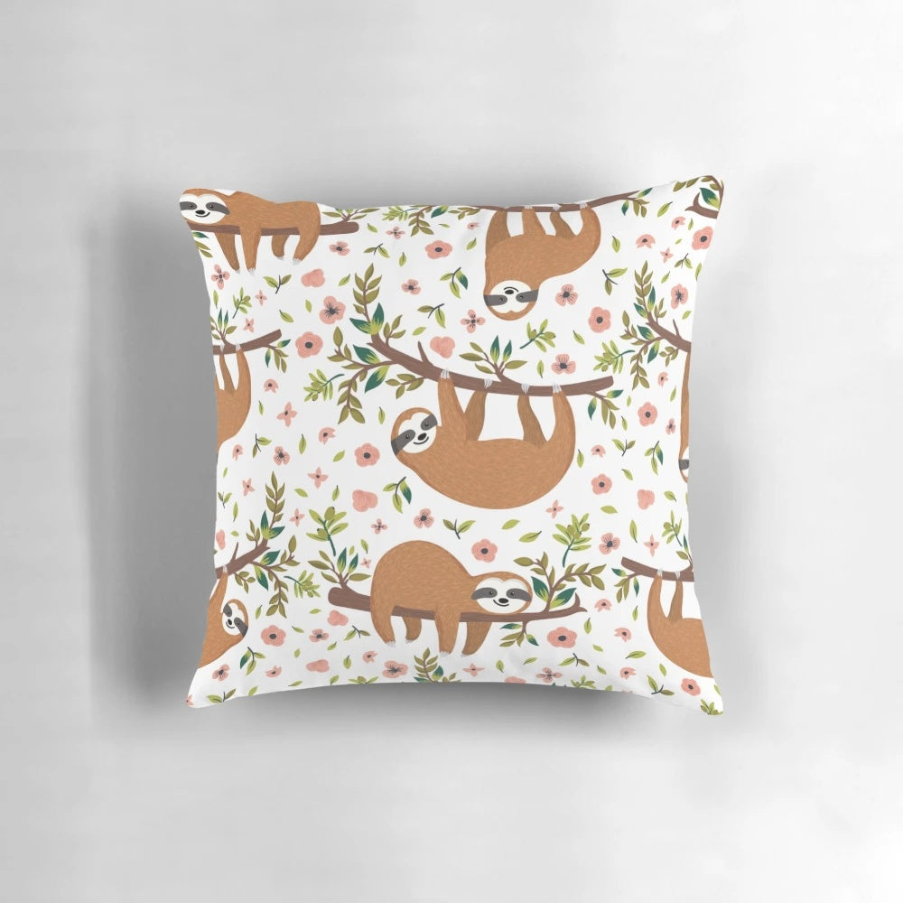 A plush, kawaii-style pillow featuring a cuddly sloth design in shades of gray and brown with a cute, chibi-inspired expression.