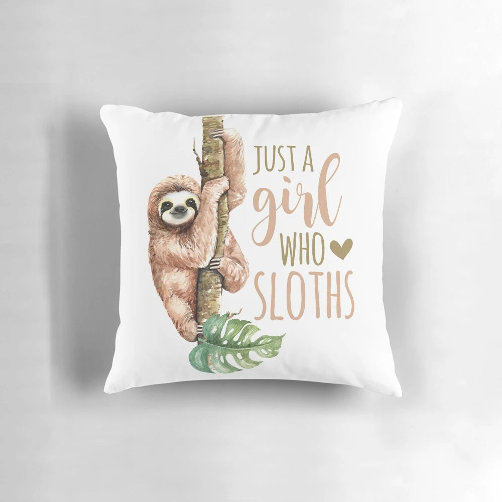 Watercolor illustration of a cute sloth on a decorative throw pillow