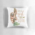 Watercolor illustration of a cute sloth on a decorative throw pillow