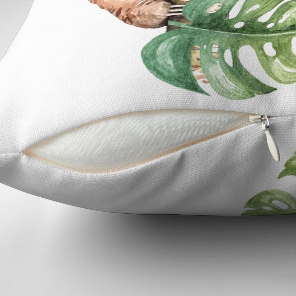 Watercolor illustration of a cute sloth on a decorative throw pillow
