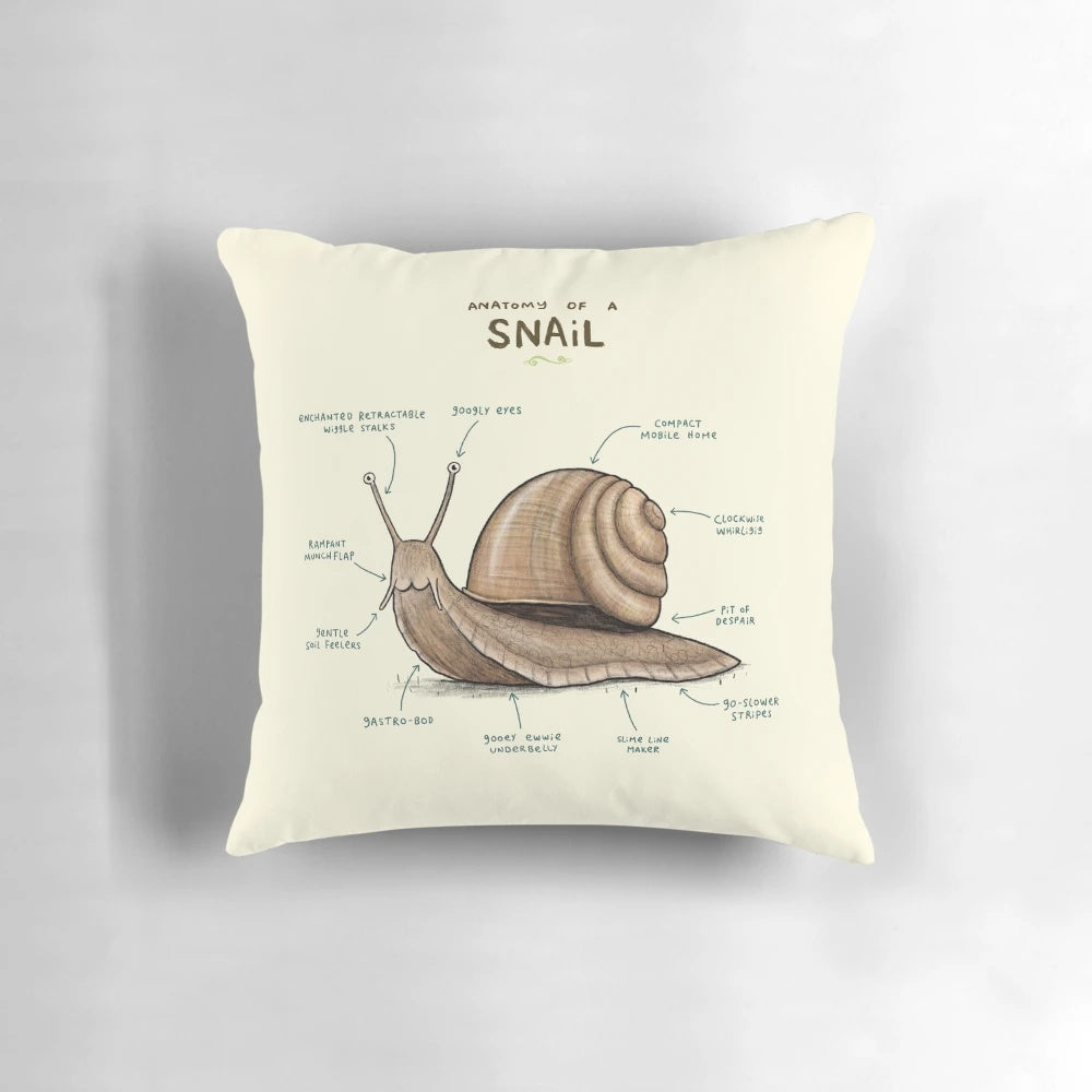 Soft, plush pillow featuring a detailed illustration of a snail's anatomy