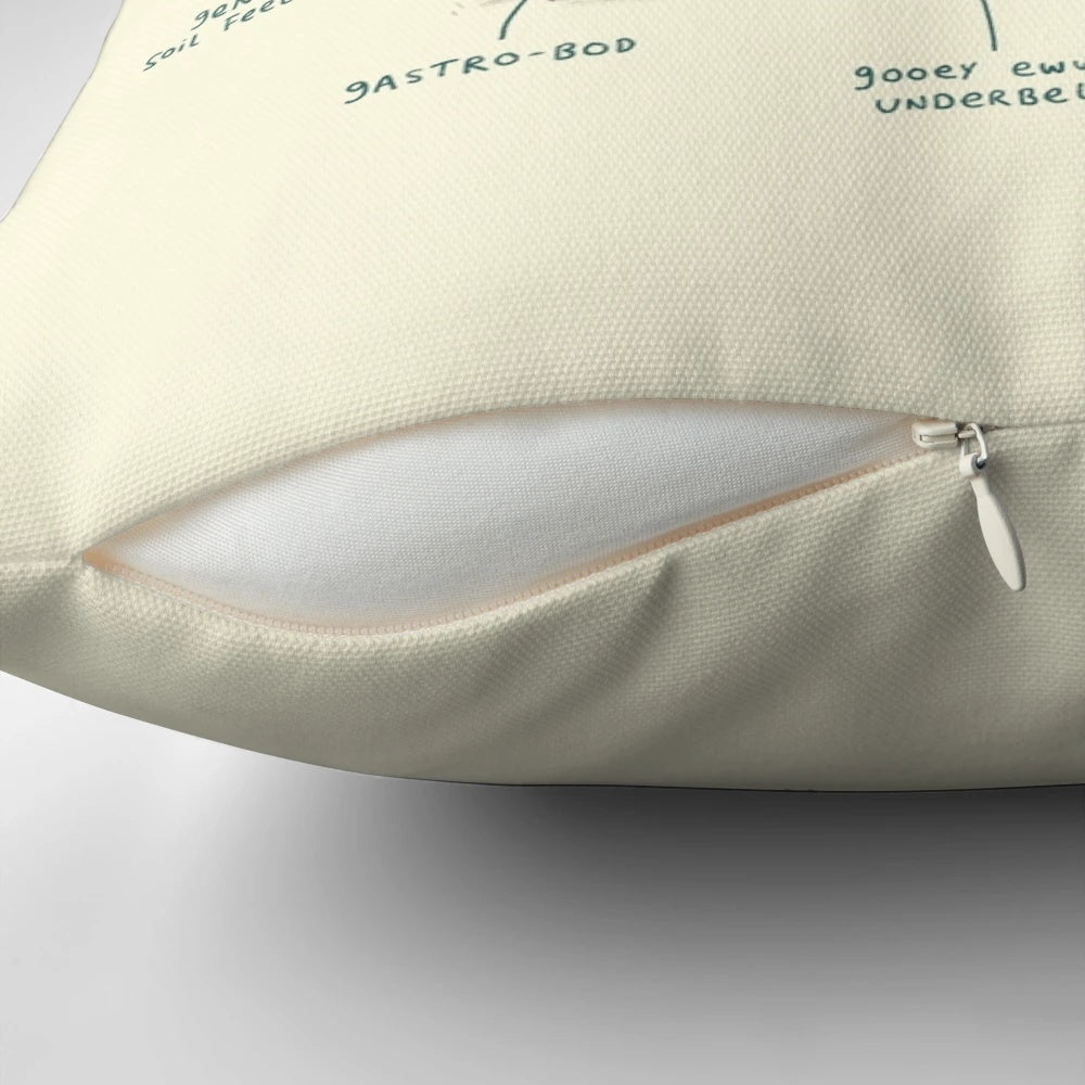 Soft, plush pillow featuring a detailed illustration of a snail's anatomy