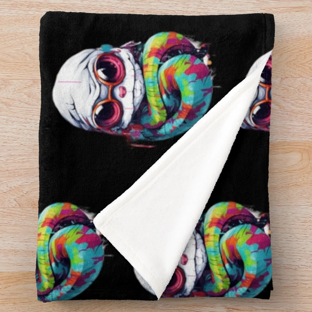 Soft and cuddly plush blanket featuring a playful snake wearing glasses and a hoodie