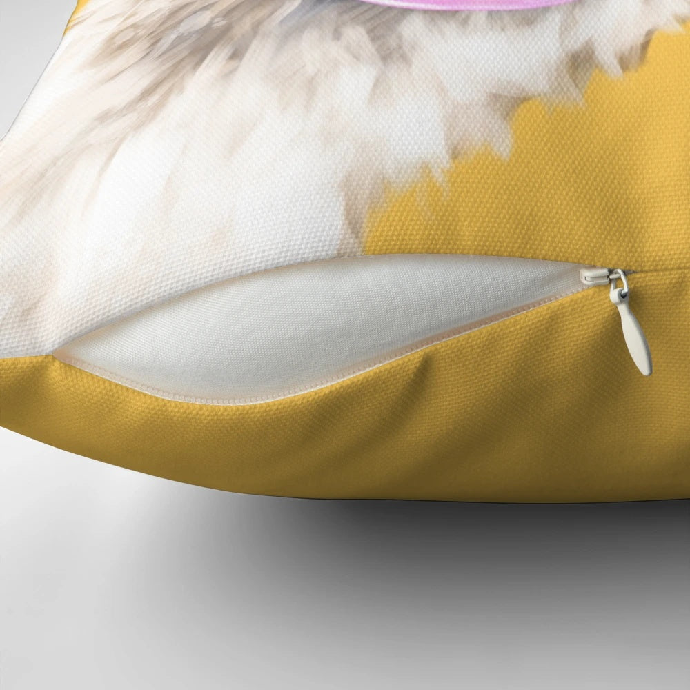 Mustard yellow pillow with a cute and sneaky llama blowing bubble gum