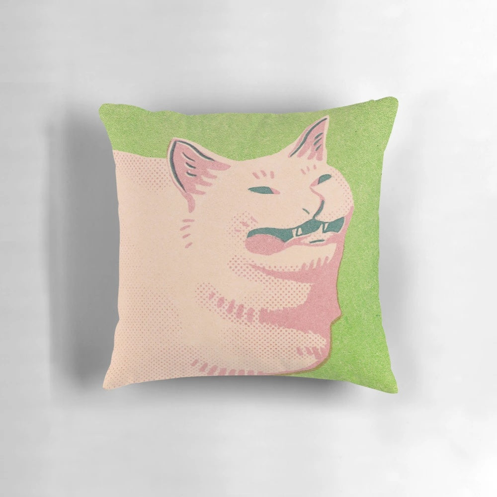 Soft, plush pillow featuring a humorous image of a cat sneezing, perfect for cat enthusiasts and meme fans.