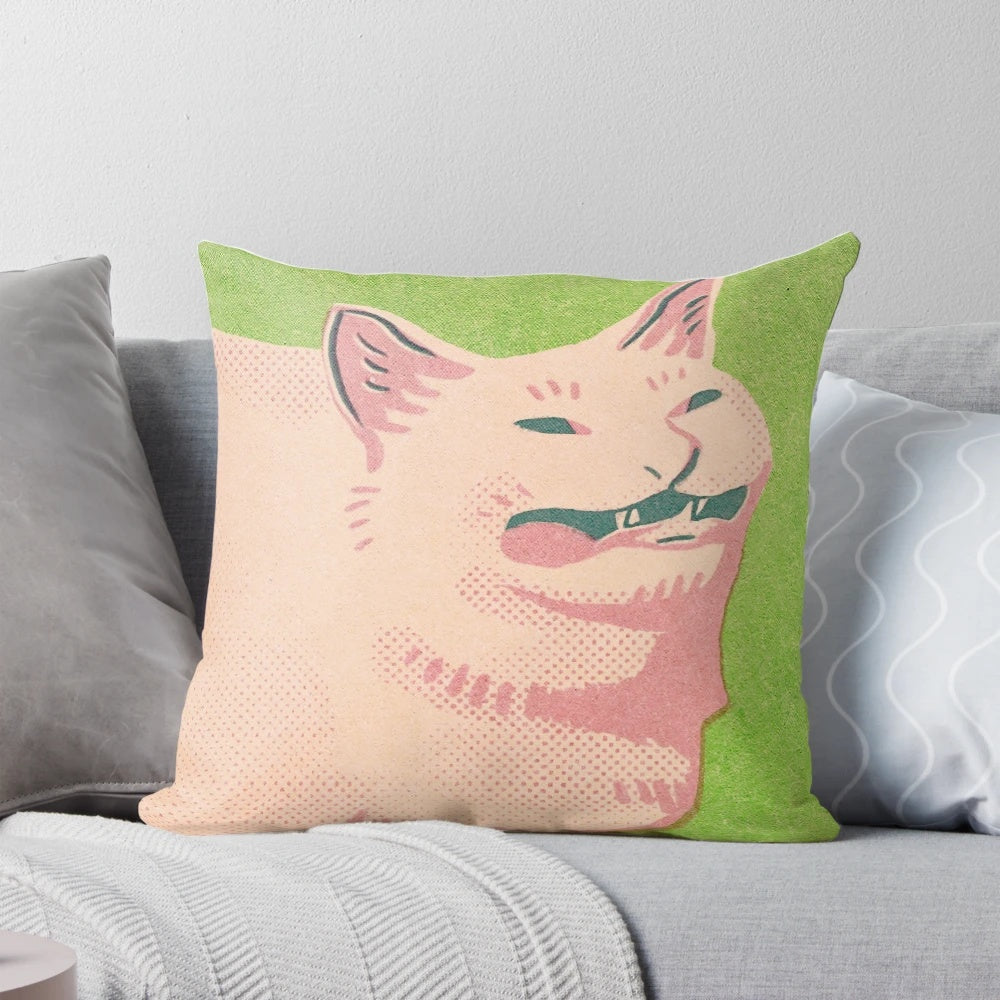 Soft, plush pillow featuring a humorous image of a cat sneezing, perfect for cat enthusiasts and meme fans.
