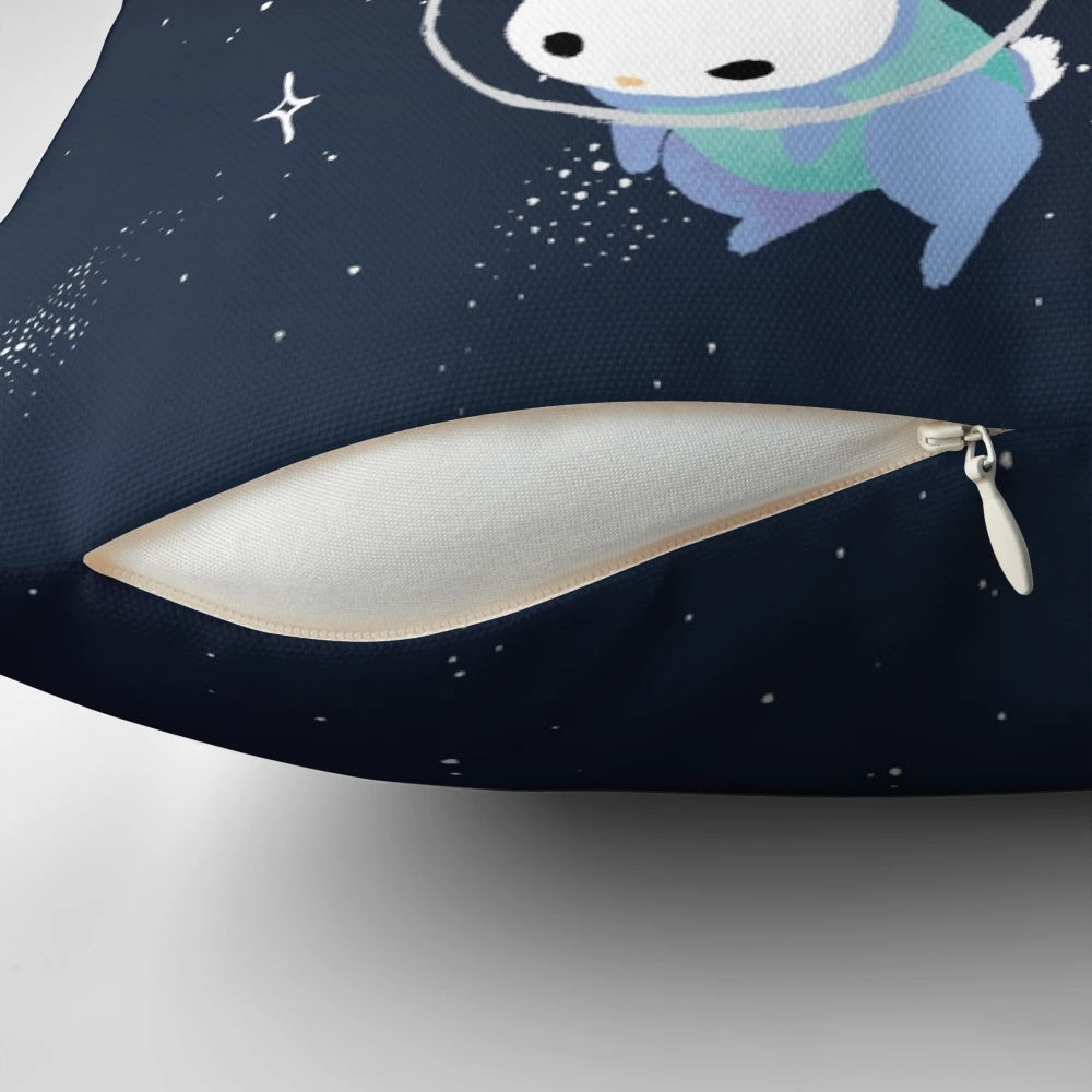 Colorful digital illustration of cute space bunnies or rabbits on a throw pillow