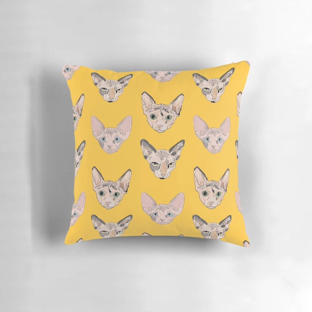 Sphynx cat throw pillow with pink and yellow accents