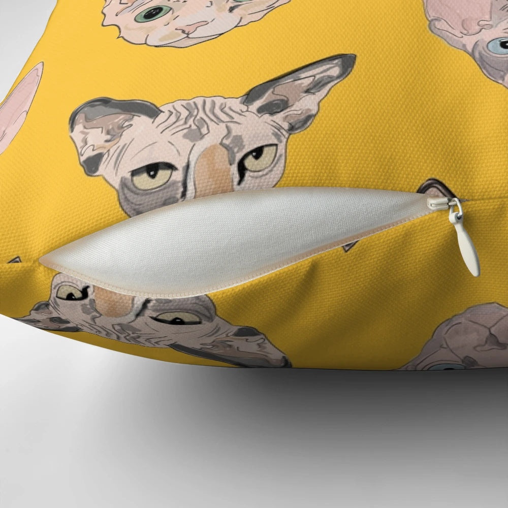 Sphynx cat throw pillow with pink and yellow accents