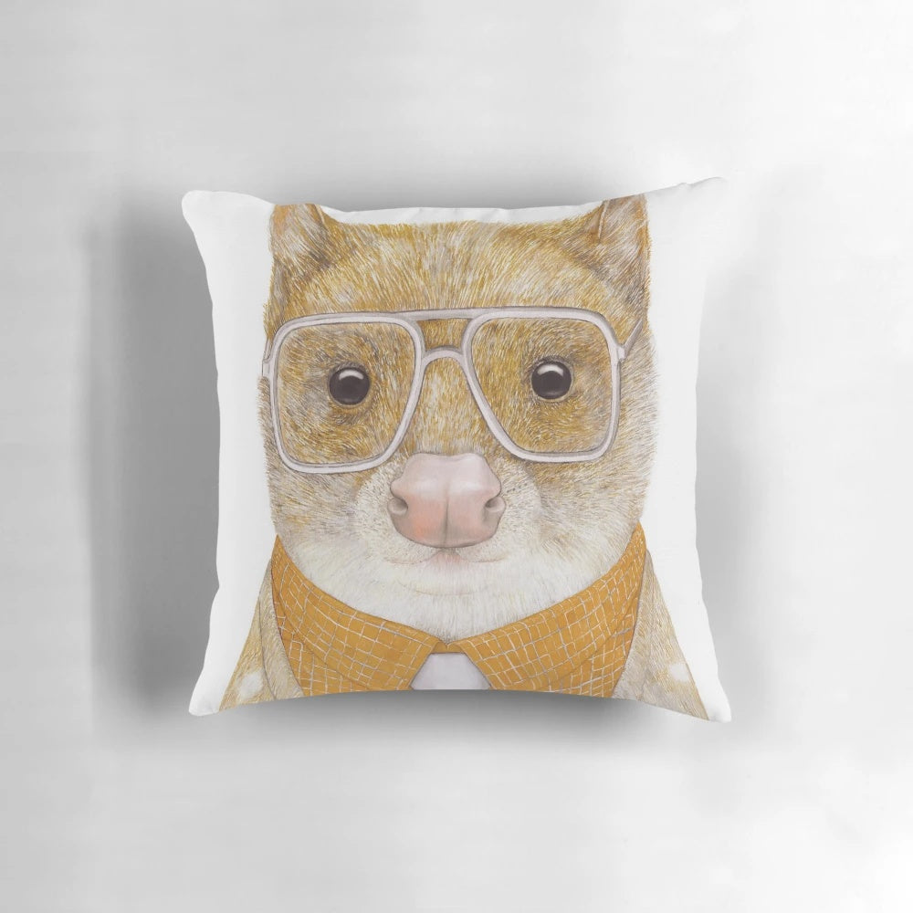 Spotted quoll, a cute Australian marsupial, featured on a cozy nursery pillow in burnt sienna tones.