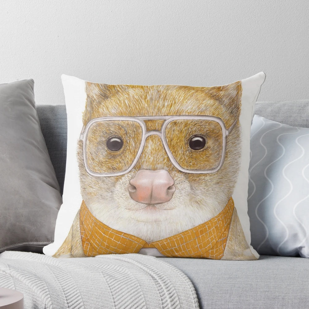 Spotted quoll, a cute Australian marsupial, featured on a cozy nursery pillow in burnt sienna tones.
