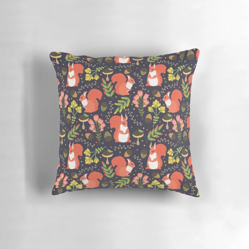 Whimsical illustration of a cute, cartoon-style squirrel on a decorative pillow