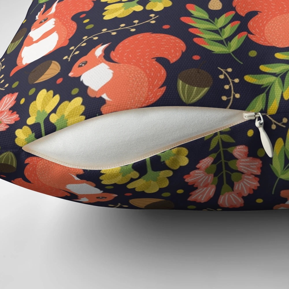 Whimsical illustration of a cute, cartoon-style squirrel on a decorative pillow