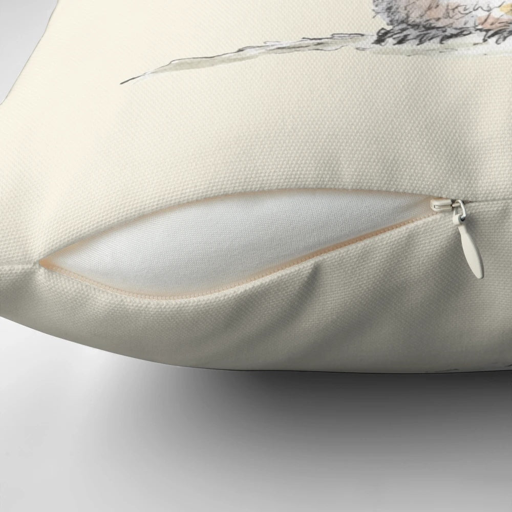 Illustration of a cute, whimsical squirrel wearing an acorn-shaped hat on a decorative pillow.