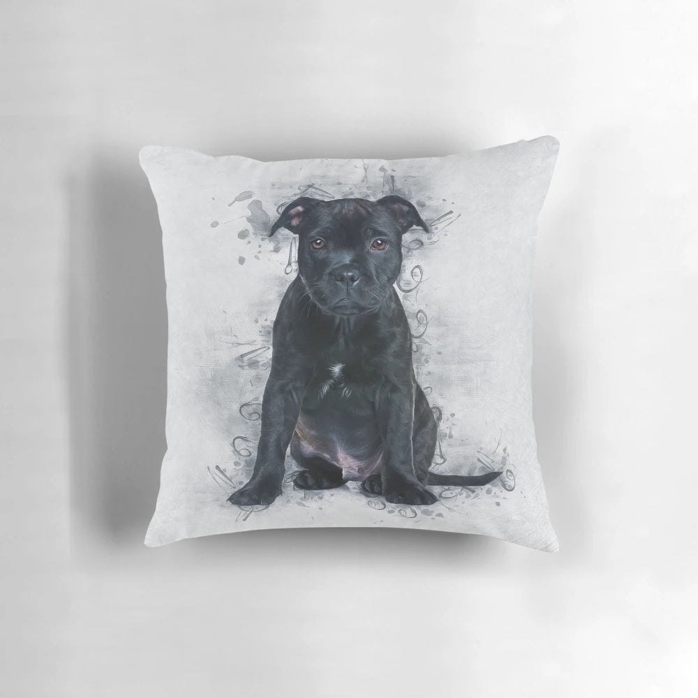 Soft and cuddly Staffordshire Bull Terrier dog breed portrait on a pillow