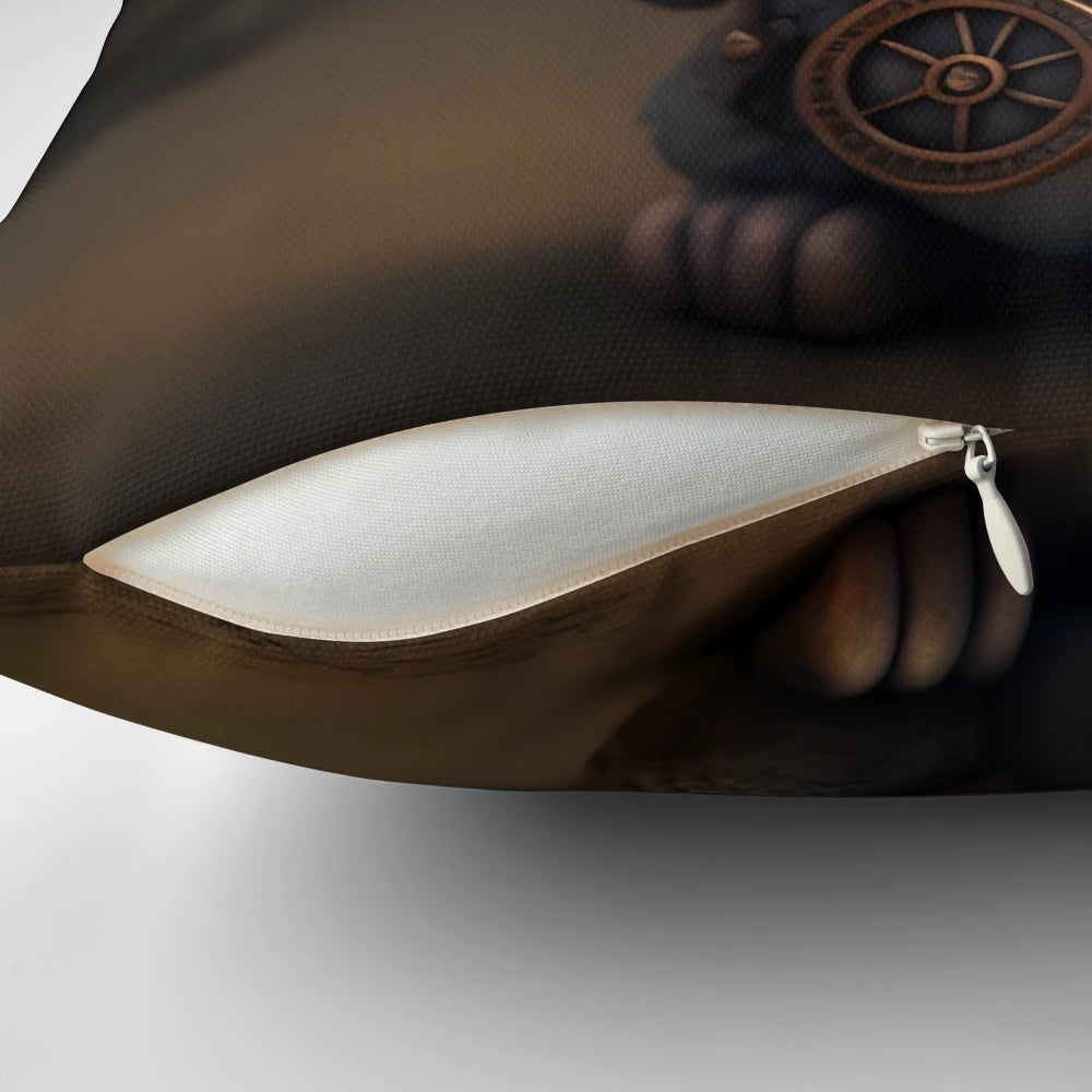 Steampunk-inspired rabbit pillow with mechanical details and goggles