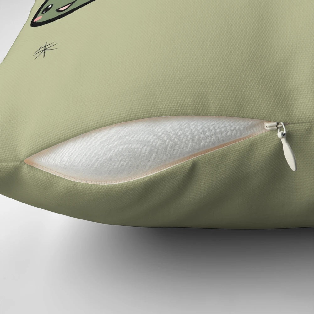 Image of a green stegosaurus-shaped plush pillow with a cute, chibi-style design