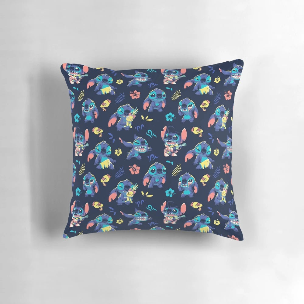 Decorative throw pillow with a cute stitch pattern design featuring 90s cartoon alien characters, Hawaii themes, and the Ohana concept.