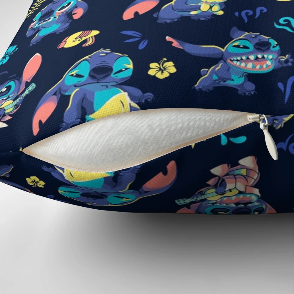 Decorative throw pillow with a cute stitch pattern design featuring 90s cartoon alien characters, Hawaii themes, and the Ohana concept.