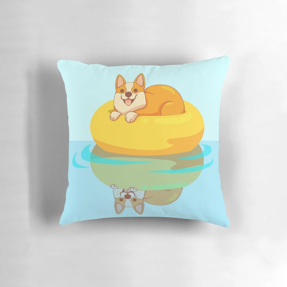 Digital art image of a happy corgi dog floating in a swimming pool on a summer day