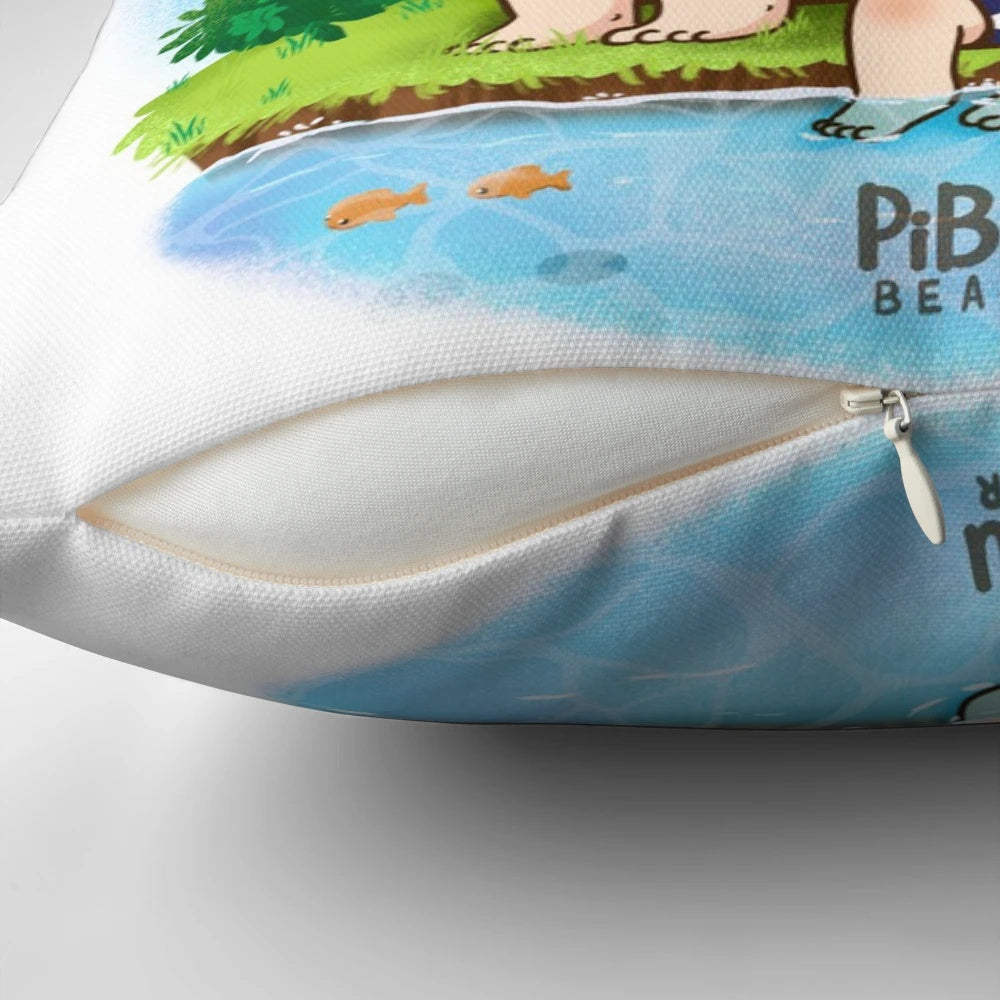 Two people cuddling on a beach with a colorful, kawaii-style pillow
