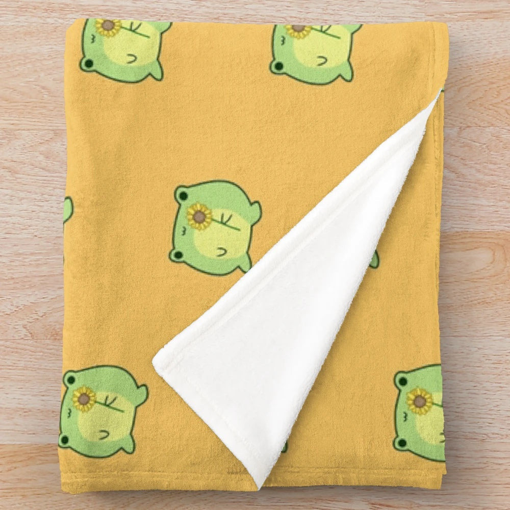 Sunflower and frog plush blanket in a soft, cozy and kawaii design