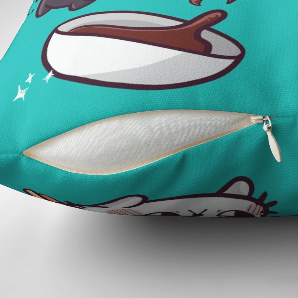 Soft, plush pillow featuring a playful sushi cat design, perfect for cat enthusiasts.
