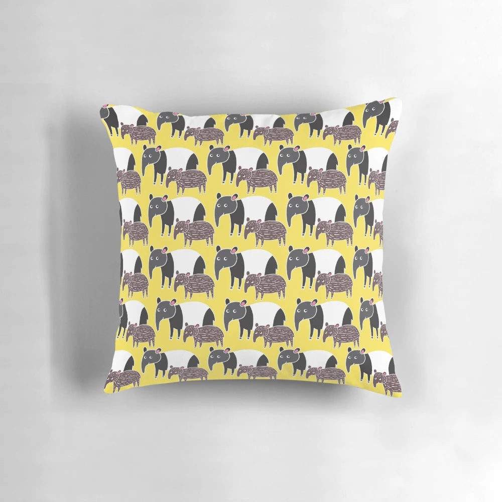 Charming vector illustration of a black and white tapir on a colorful yellow background, perfect for a child's bedroom or nursery.