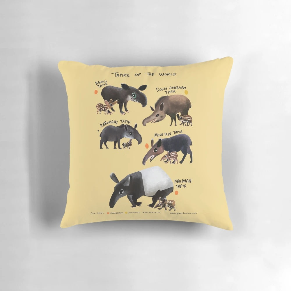 Colorful illustration of a cute, cartoon-style tapir on a throw pillow