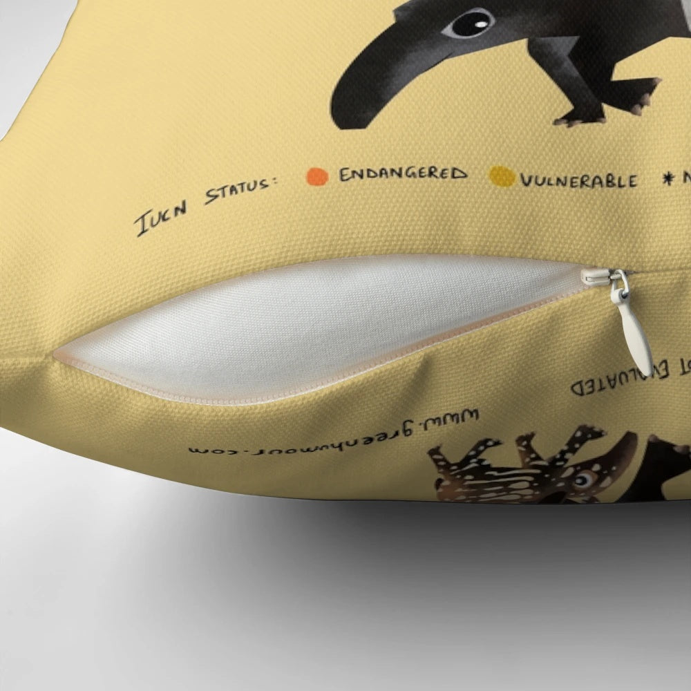 Colorful illustration of a cute, cartoon-style tapir on a throw pillow