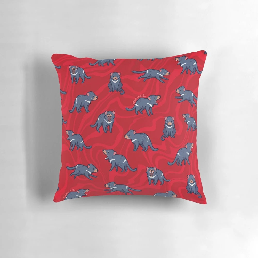 Cozy Tasmanian Devil throw pillow featuring a cute, colorful pattern of the iconic Australian marsupial
