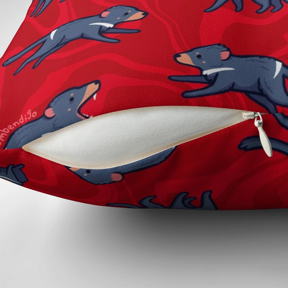 Cozy Tasmanian Devil throw pillow featuring a cute, colorful pattern of the iconic Australian marsupial