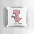 Colorful illustration of a T-Rex dinosaur holding a cup of tea on a decorative throw pillow