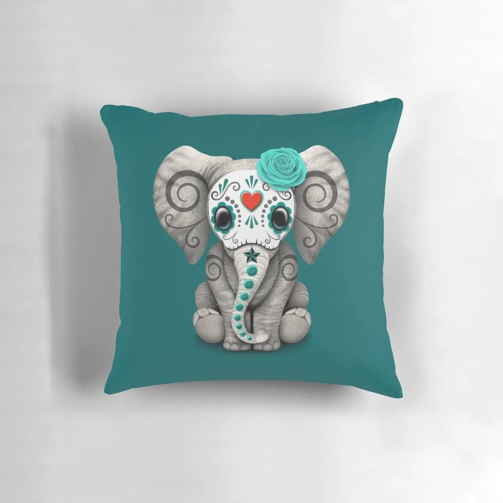 Teal blue day of the dead sugar skull baby elephant pillow with cute and adorable elephant decor
