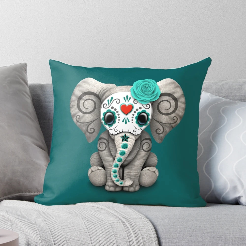 Teal blue day of the dead sugar skull baby elephant pillow with cute and adorable elephant decor