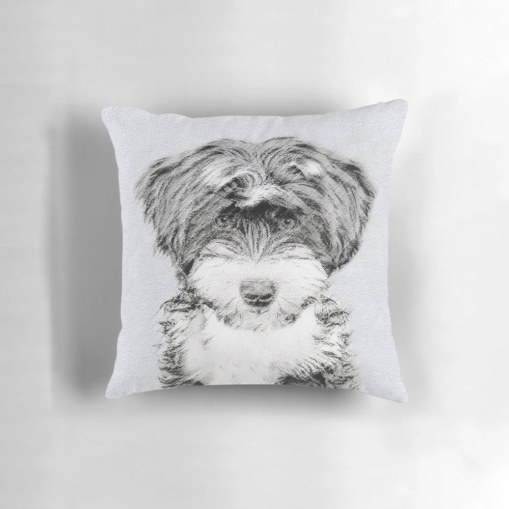Adorable portrait of a Tibetan Terrier dog printed on a soft, high-quality pillow