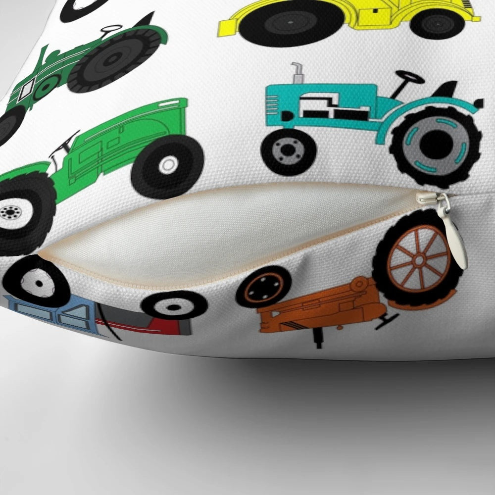 Colorful tractor print pillow with farm animals and vehicles