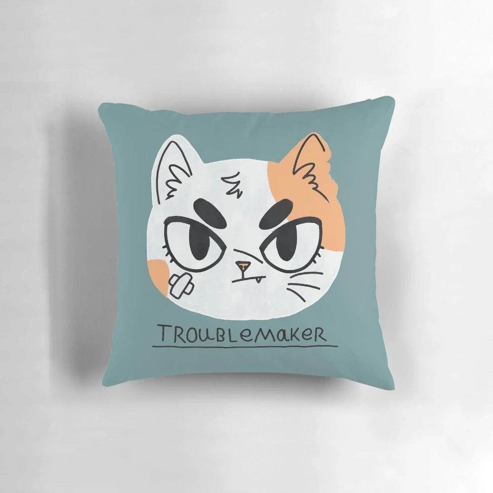 An anime-inspired decorative cat throw pillow featuring a simple, traditional gouache cat face design.
