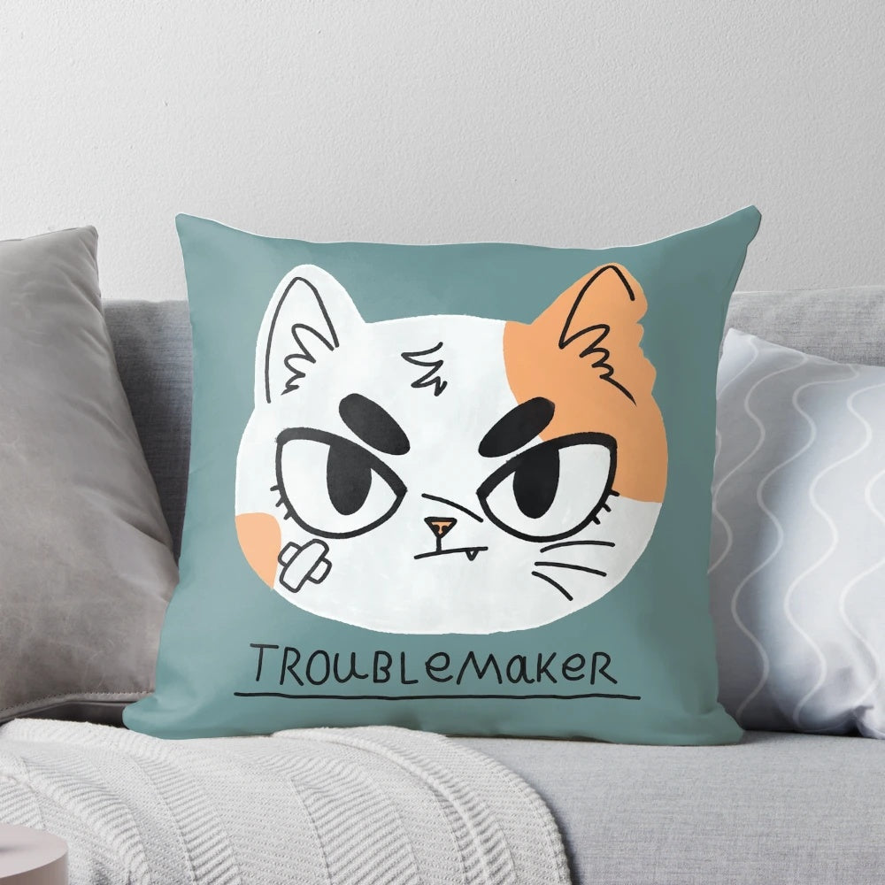 An anime-inspired decorative cat throw pillow featuring a simple, traditional gouache cat face design.