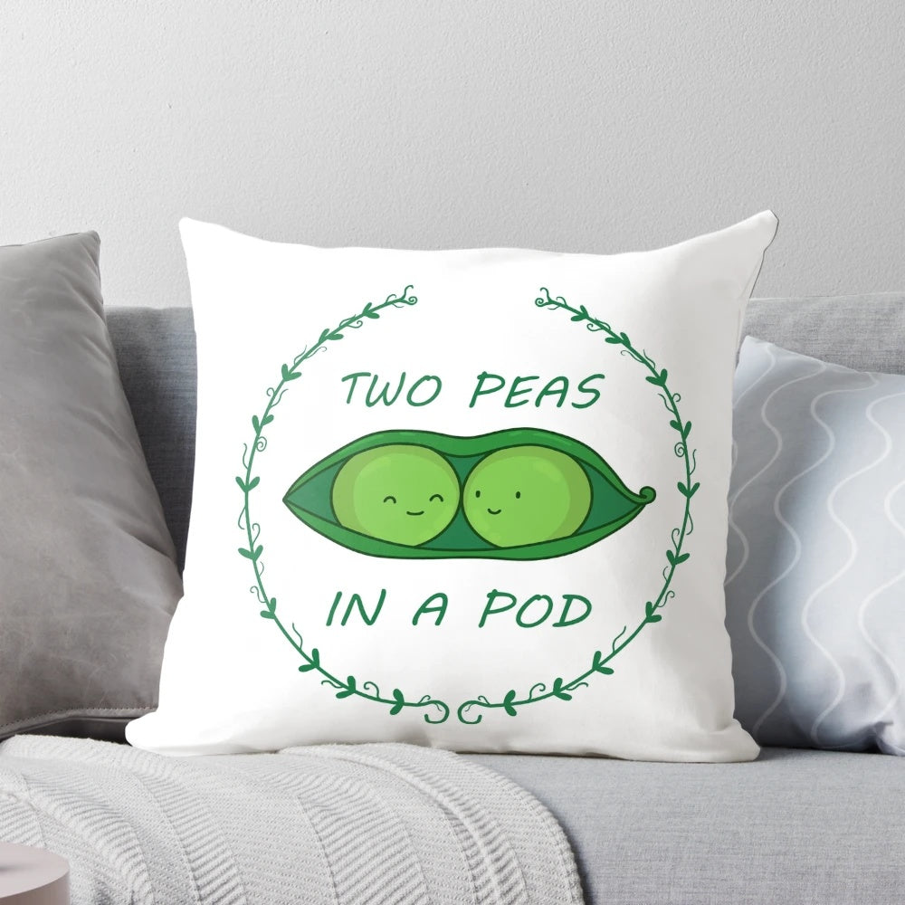 Two green peas in a pod decorative throw pillow, perfect for a cozy, whimsical home decor