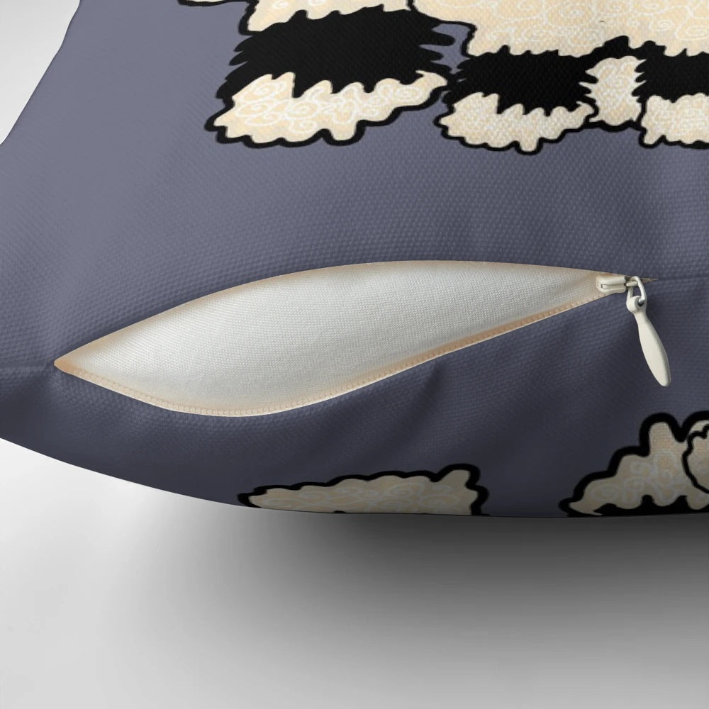 Fluffy black nose sheep trio in a rural family farm setting, featured on a soft and cozy pillow