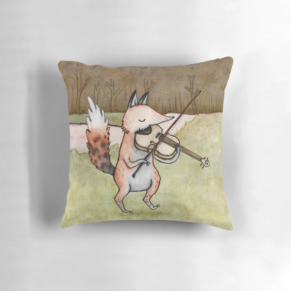 Illustration of a cute, ink-drawn violin playing fox on a plush pillow