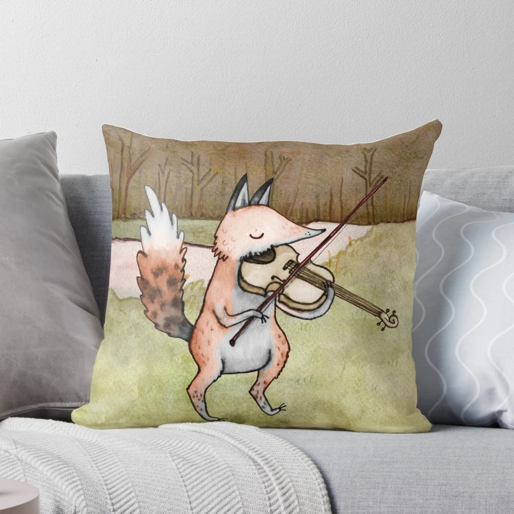 Illustration of a cute, ink-drawn violin playing fox on a plush pillow