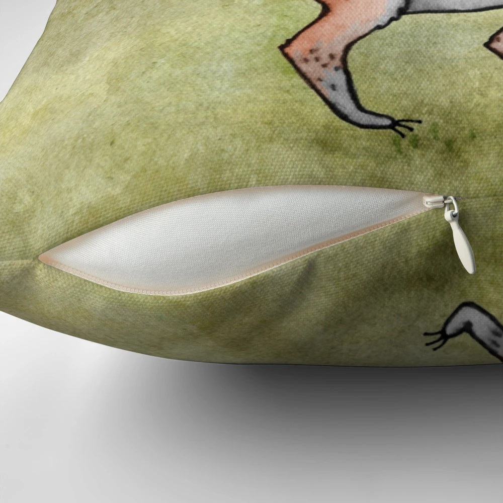 Illustration of a cute, ink-drawn violin playing fox on a plush pillow