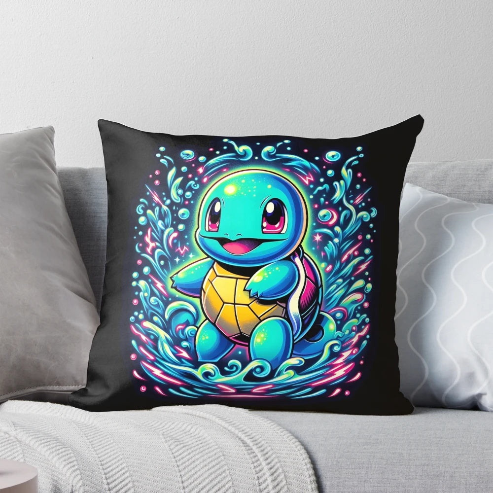 A plush pillow featuring a variety of adorable water and grass type Pokemon characters