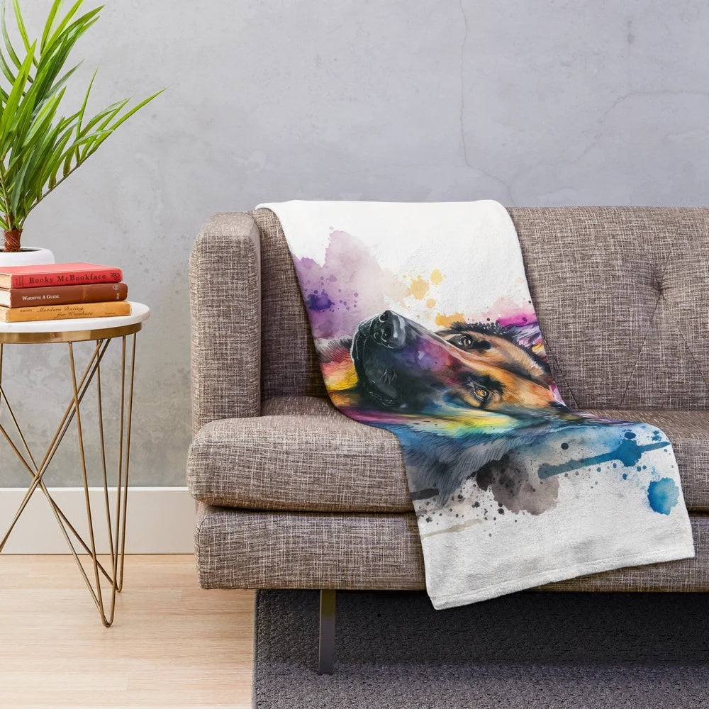 Adorable watercolor German shepherd dog portrait plush blanket